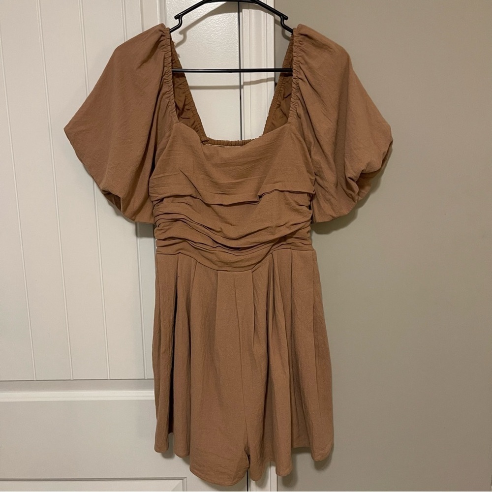 VICI Tan Smocked Puff Sleeve Romper